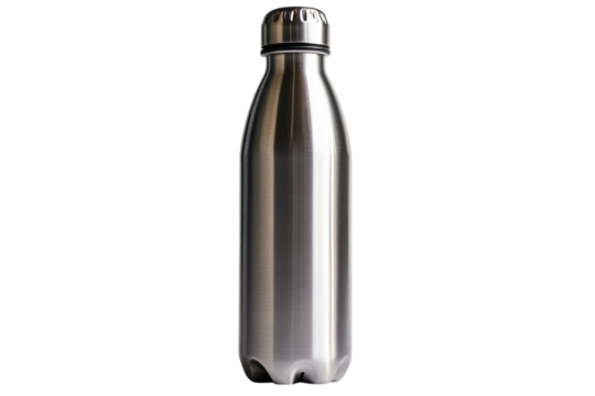 A stylish stainless steel water bottle is prominently displayed, reflecting a contemporary aesthetic isolated on transparent background - Powered by Adobe