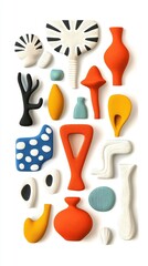 Assorted colorful abstract shapes and vases are arranged on white