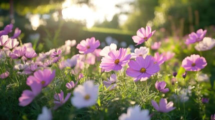 Obraz premium A garden bed filled with a variety of cosmos flowers in soft pastels, gently swaying in the breeze under a clear sky.