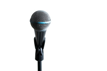 A close-up of a microphone ready for a performance in a calm and minimalistic setting isolated on transparent background