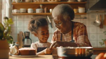 Grandmother and Granddaughter Cooking Together in a Cozy Kitchen