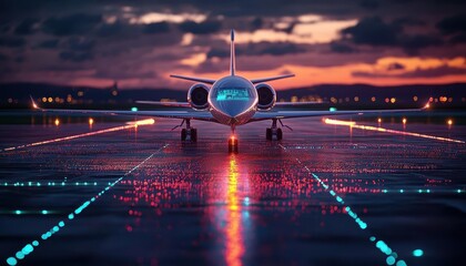 Private jet on runway with glowing AR flight plan display, sleek luxury design, vibrant lighting, photorealistic