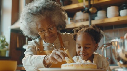 Grandmother and Granddaughter Baking Cake in Cozy Kitchen