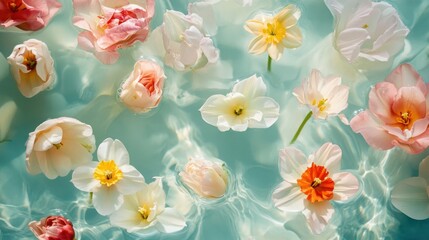 Fototapeta premium A serene composition featuring a liquid water background with an array of spring flowers such as cherry blossoms, tulips, and daffodils.