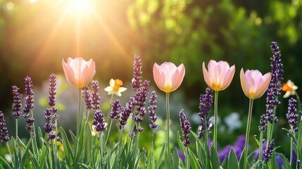 A lovely flower garden with delicate lavender and tulips blooming alongside bright daffodils under the soft sunlight.