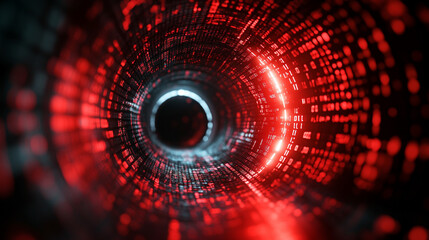 Abstract red tech tunnel with digital code patterns on walls and floor. Futuristic matrix design with dynamic red lighting and deep perspective leading to glowing central point