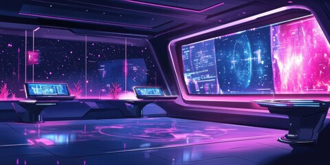 Obraz premium Futuristic control room filled with screens and space view