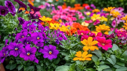 Fototapeta premium A lush garden filled with an assortment of bright daisies, violets, and petunias, creating a serene, colorful scene.