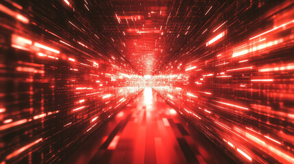Abstract red tech tunnel with digital code patterns on walls and floor. Futuristic matrix design with dynamic red lighting and deep perspective leading to glowing central point