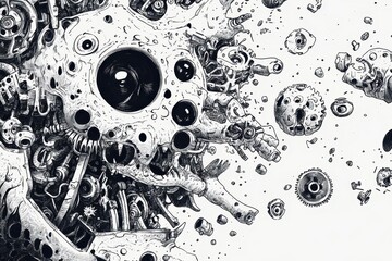 Intricate black and white drawing of a biomechanical monstrosity