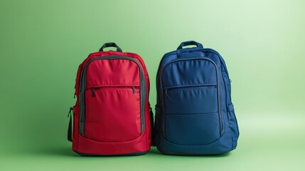Naklejka premium A pair of durable, high-quality backpacks, one red and one blue, positioned in front of a smooth green background.