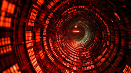 Abstract red tech tunnel with digital code patterns on walls and floor. Futuristic matrix design with dynamic red lighting and deep perspective leading to glowing central point