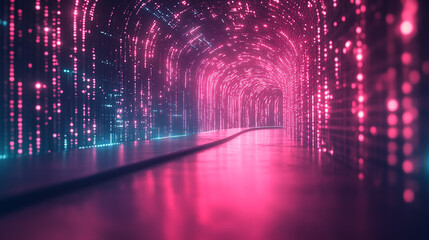 Abstract red tech tunnel with digital code patterns on walls and floor. Futuristic matrix design with dynamic red lighting and deep perspective leading to glowing central point
