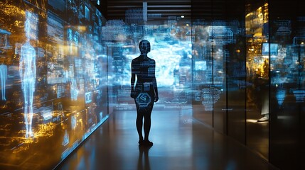 Obraz premium Silhouette in Digital World: Exploring the Metaverse