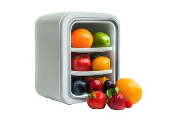 A colorful assortment of fresh fruits beautifully organized in a compact countertop refrigerator isolated on transparent background