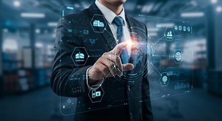 Businessman Touching Digital Screen for Supply Chain Management System