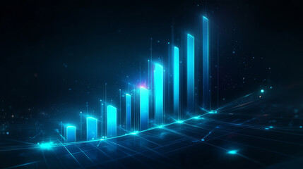 Futuristic Data Visualization with Glowing Bar Charts and Digital Financial Graphs in a High-Tech Environment