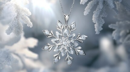 Delicate snowflake pendant in white gold, softly glowing against a luxurious gray background