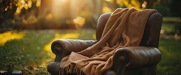Leather armchair with a cozy blanket outdoors at sunset.