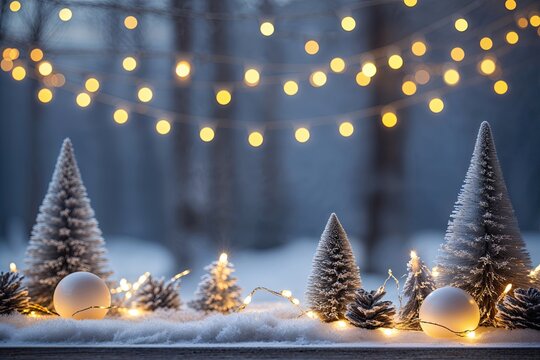Elegant Gray Tabletop Backdrop with Sparkling Fairy Lights and Blurred Winter Landscape for Contemporary Living Room Decor