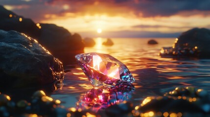 Diamond cluster glowing intensely under a blend of pink, blue, and yellow light