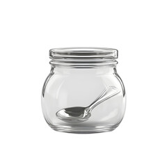 "Empty Glass Jar with Stainless Steel Spoon – Transparent Storage Container with Lid, Minimalist Kitchenware for Food Preservation, Modern Tableware, Isolated on White Background"

