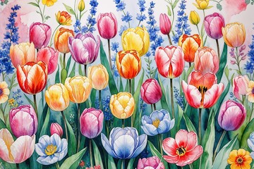 Vibrant Spring Watercolor Floral Background Featuring Tulips and Colorful Blossoms