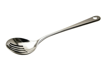 Elegant stainless steel slotted spoon resting gracefully on a clean white surface isolated on transparent background