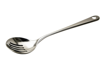 Elegant stainless steel slotted spoon resting gracefully on a clean white surface isolated on transparent background