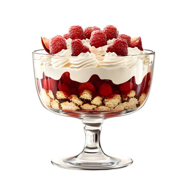 "Delicious raspberry trifle dessert with layers of cream, fruit, jelly, and biscuit in an elegant glass bowl."

