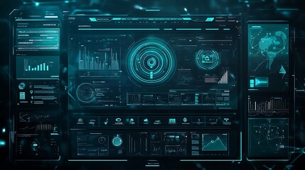 Fototapeta premium Futuristic Digital Interface: A High-Tech Dashboard Displaying Data Analysis and Global Information