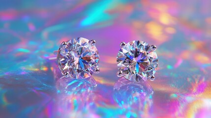 Exquisite diamond earrings displayed against an abstract neon-infused background