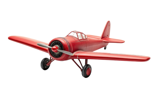 A vibrant red toy airplane rests elegantly on a smooth surface, capturing the spirit of adventure isolated on transparent background