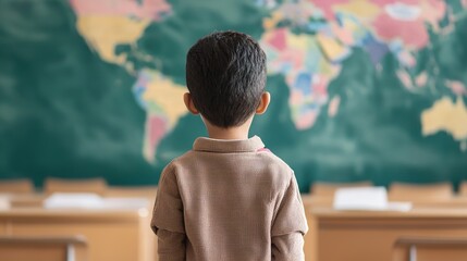 Global education transformation inspiring child learning with innovative classroom tech and world maps