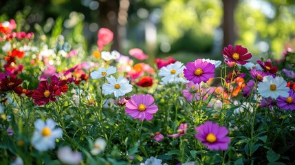 Fototapeta premium A vibrant flower bed in full bloom, showcasing red, white, and purple cosmos flowers surrounded by green leaves.