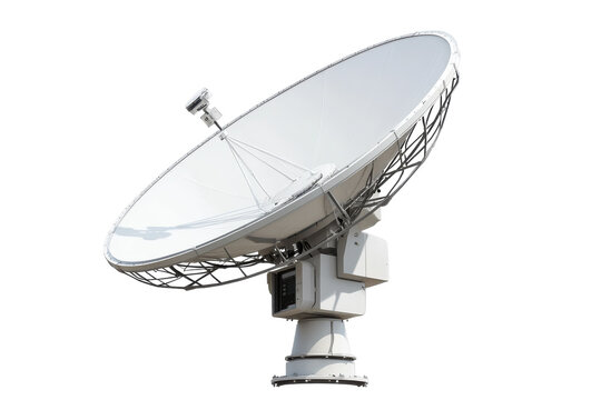 A large satellite dish capturing signals in a clear blue sky at midday isolated on transparent background