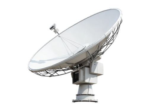 A large satellite dish capturing signals in a clear blue sky at midday isolated on transparent background