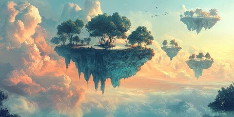 Floating islands with trees rise amidst the dreamy cloudy sky