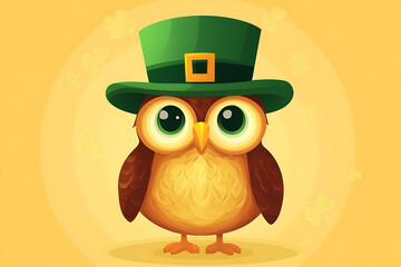Cartoon owl wearing a green top hat against a cheerful yellow background with shamrocks