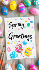 Whimsical easter card with bright pastel painted eggs and spring greetings for seasonal joy