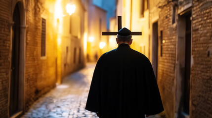 Naklejka premium Solemn good friday procession with priest in black robe carrying wooden cross on cobblestone alley