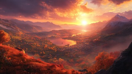 Breathtaking view from a mountain peak overlooking a valley blanketed in autumn colors. No people no text