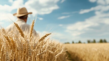 A farmer stands amidst tall golden wheat, gazing across expansive fields under a vibrant blue sky. The sun shines brightly, highlighting rural serenity