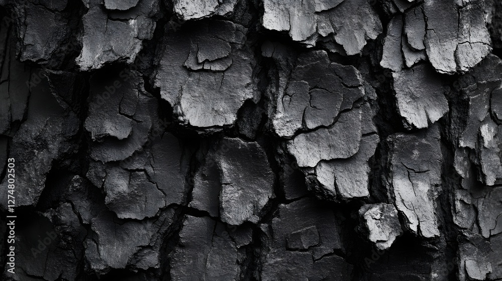 Poster close-up of dark, cracked tree bark resembling charcoal. abstract texture and natural pattern backgr