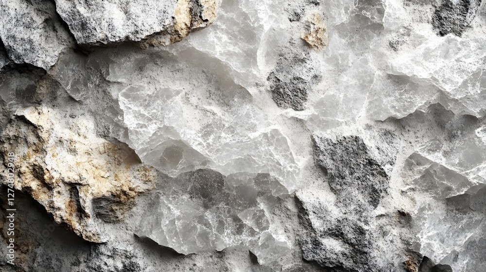 Poster close-up view of a rough, textured rock surface. shades of gray and white dominate, creating an abst