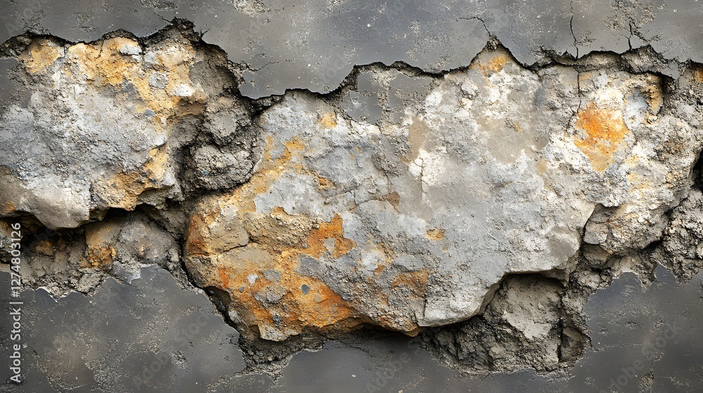 Poster close-up texture of an old, ruined wall. shows decaying stone and plaster with cracks and color vari