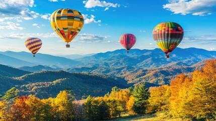 Obraz premium Colorful hot air balloons floating over rolling hills covered in autumn foliage. No people no text