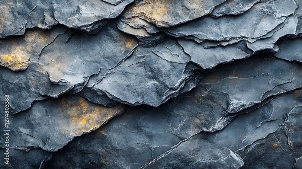 Poster close-up image of layered slate rock. the texture is prominent with varying shades of grey, highligh
