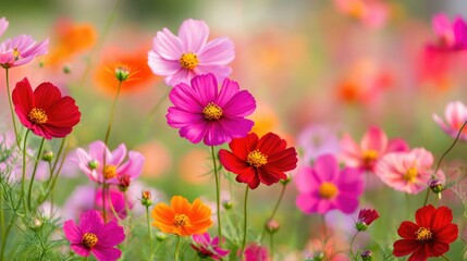 Cosmos flowers in full bloom with vibrant colors of red and pink, adding beauty to a flourishing garden scene.