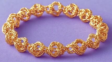 Obraz premium Luxurious gold chain bracelet with an intricate woven pattern, displayed on purple